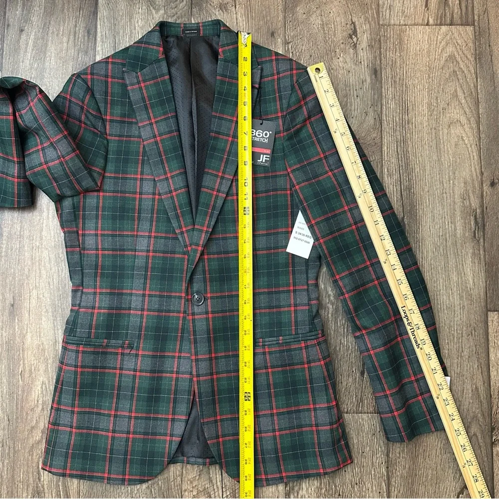 JF J Ferrar Sports Coat Slim Suit Jacket Men's S 34/36 Reg Plaid Red Green